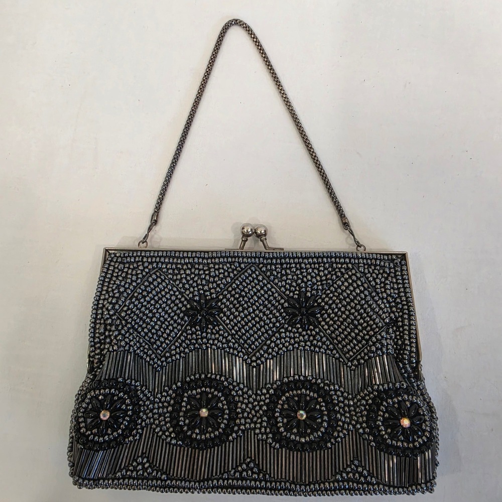 Unbranded Beaded Evening Clutch Bag Gunmetal Black Floral Geometric Kiss Lock